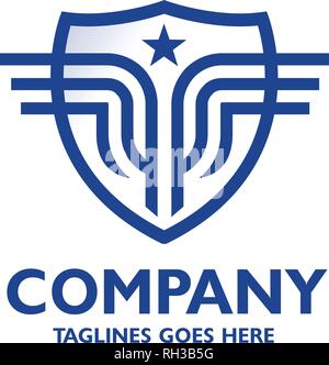 Shield with wings  and star linear logo template. Abstract symbol of security and protection. Business and internet concept. Stock Vector