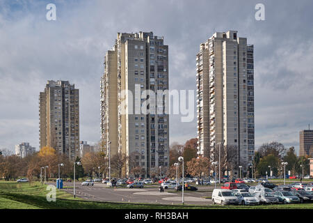 The brutalist architecture of social housing along the Sava river.  Typical communist year construction.  In Zagreb, Croatia - Stock Photo