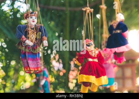 Traditional handicraft puppets for sale  in the ancient pagoda in Bagan, Myanmar Stock Photo