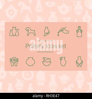 Tools and pottery. Pottery line icons, isolated vector illustration. Ceramic dishes set and craft. Vector icon set of various kitchenware on the backg Stock Vector