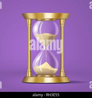 Icon realistic golden bright hourglass, watch with sand, isolated Stock Vector