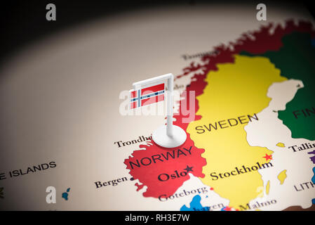 Norway marked with a flag on the map Stock Photo