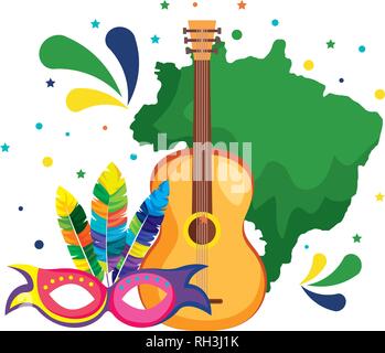 brazilian map with guitar and mask Stock Vector