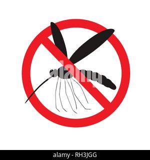 Wild mosquito in red strike-through circle. Vector illustration on white isolated background. Stock Vector