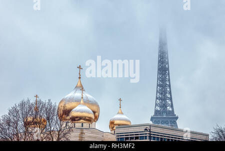 Snowfall over Holy Trinity Russian Orthodox Cathedral - Paris Stock Photo