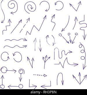 Dark Blue drawn arrow set. Different arrows, targets, directions Stock Vector