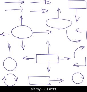 Dark Blue Hand drawn set of arrows and block schemes, vector illustration. Different arrows, charts Stock Vector