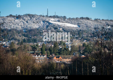 Reigate, UK - January 30, 2019 - view of snow covered North Downs hills; winter in the UK Stock Photo