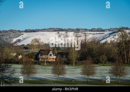 Reigate, UK - January 30, 2019 - view of snow covered North Downs hills; winter in the UK Stock Photo