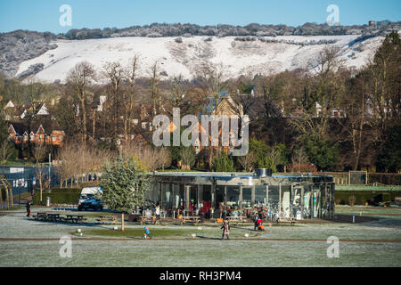 Reigate, UK - January 30, 2019 - view of snow covered North Downs hills; winter in the UK Stock Photo