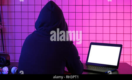 Hacker stealing personal information through data in order to scamming ransom. White Display. Stock Photo