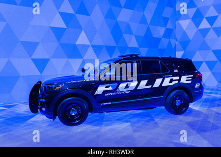 DETROIT, MI/USA - JANUARY 14, 2019: A 2020 Ford Explorer Hybrid Police Interceptor SUV at the North American International Auto Show (NAIAS). Stock Photo