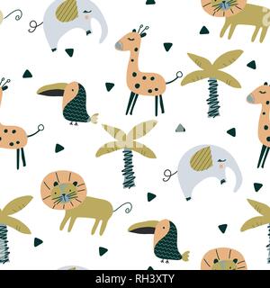Seamless pattern in scandinavian style with cute elephant, toucan, giraffe, lion. Perfect for kids fabric, nursery decoration, wrapping. Vector illust Stock Vector