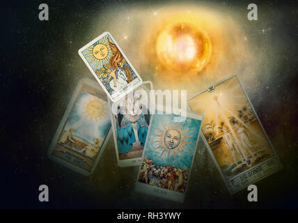 View of tarot card on the table. The Sun. Stock Photo