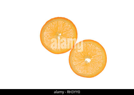 Two slices of orange diagonally arranged on a white background Stock Photo