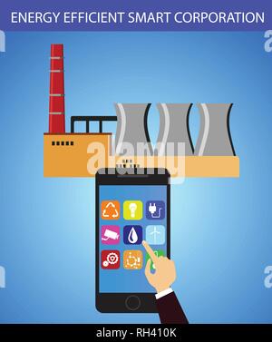 Eco friendly factory on a digital touch screen tablet with icons set on architecture and environmental care energy smart corporation Stock Vector
