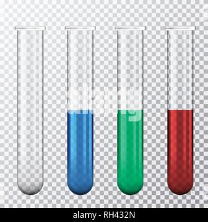 Realistic illustration of a set of glass tubes with red, blue and green liquid, isolated on a transparent background - vector Stock Vector