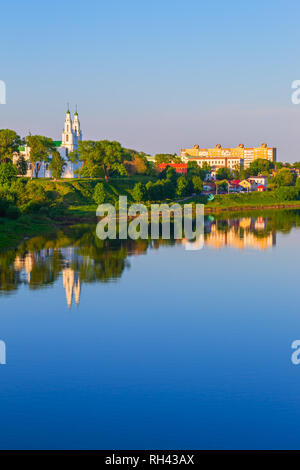 Bright evening view of the city of Polotsk across the Western Dvina, including the Sophia Cathedral, Belarus Stock Photo
