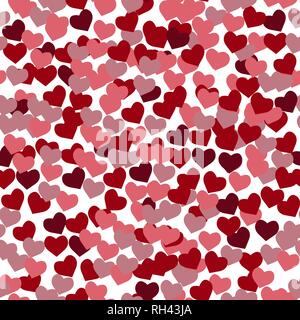 Love semless pattern from gentle flying pink and red hearts. Flat vector cartoon illustration. Objects isolated on white background. eps 10. Stock Vector