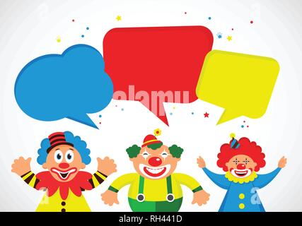 set of colorful clowns with speech bubbles. vector illustration Stock Vector