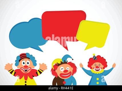set of colorful clowns with speech bubbles. vector illustration Stock Vector