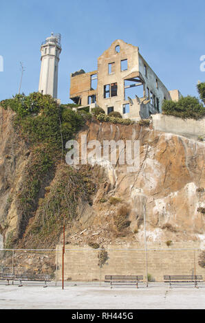 Warden's House and Lighthouse, Alcatraz Island, San Francisco Bay, California, USA Stock Photo