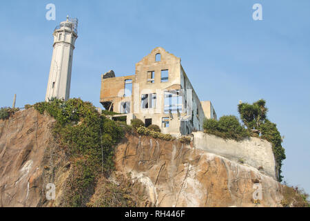 Warden's House and Lighthouse, Alcatraz Island, San Francisco Bay, California, USA Stock Photo