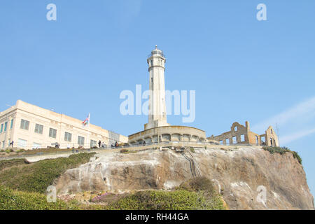 Alcatraz Island lighthouse, warden's house and administration building, San Francisco Bay, California, USA Stock Photo