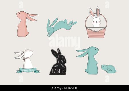set of cute bunnies and rabbites for easter cards Stock Vector