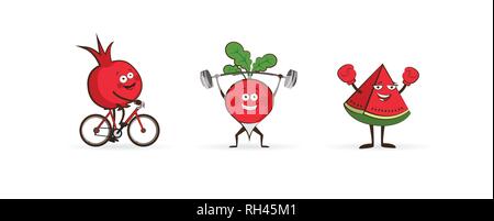 Set of fruits and vegetables doing sport. illustration isolated on white background. Cute and focused fruits and vegetable characters. vector illustra Stock Vector