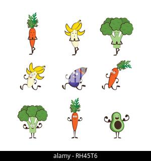 Set of vegetables doing sport -avocado, carrot, banana, eggplant, broccoli, cartoon vector illustration isolated on white background. Cute and focused Stock Vector