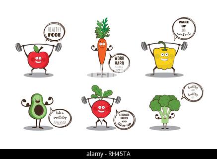 Set of cute fruits and vegetables doing sport with motivation quotes.vector illustration Stock Vector