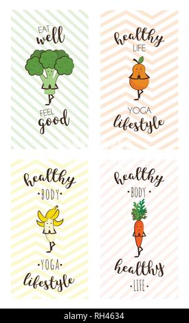 Set of cute posters of fruits and vegetables doing sport with inspiring quote. vector illustration Stock Vector