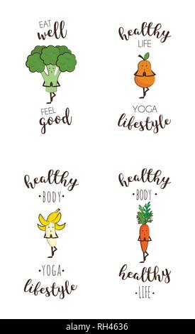 Set of cute posters of fruits and vegetables doing sport with inspiring quote. vector illustration Stock Vector