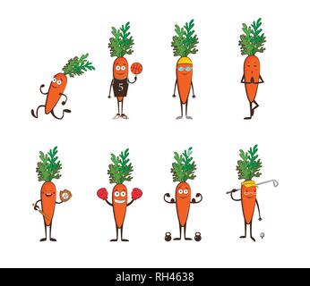 Set of funny carrots doing sport . cartoon vector illustration isolated on white background. Cute and focused characters. vector illustration Stock Vector