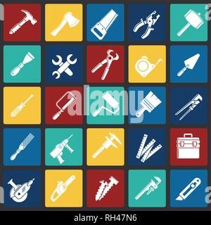 Tools icons set on color squares background for graphic and web design, Modern simple vector sign. Internet concept. Trendy symbol for website design web button or mobile app. Stock Vector