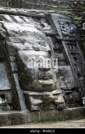 One of the Olmec style stone faces on the Lamanai Mayan temple in the rain forest of Belize. Stock Photo