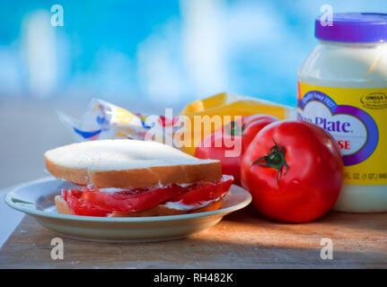 A fresh tomato sandwich, made with Wonder Bread and Blue Plate mayonnaise, makes a poolside snack May 12, 2011 in Columbus, Mississippi. Stock Photo