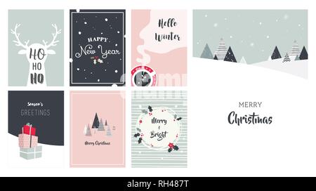 Merry Christmas card set, illustrations and icons, lettering design collection Stock Vector