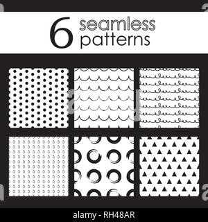Set of 6 monochrome elegant vector seamless patterns. Black and white pattern. Stock Vector