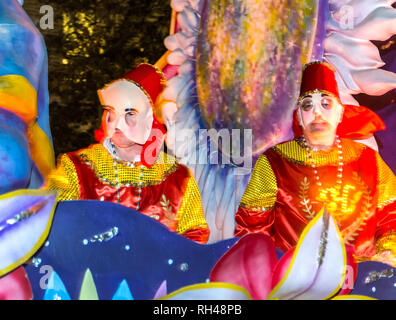 Members of the Krewe of Hermes participate in the Mardi Gras parade as it rolls down St. Charles Avenue, Feb. 28, 2014, in New Orleans, Louisiana. Stock Photo