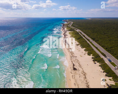 High aerial shot of beaches and island of Cozumel, Mexico with turquoise water. Stock Photo