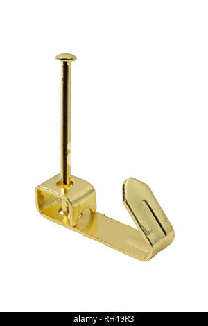 A brass plated Standard No.1 Picture Hook with picture pin isolated on a white background Stock Photo