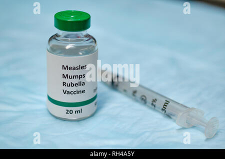 Measles, mumps and rubella combined vaccine vial with injection syringe Stock Photo