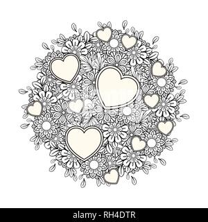 Floral heart. Valentines day adult coloring page. Vector illustration. Isolated on white background Stock Vector