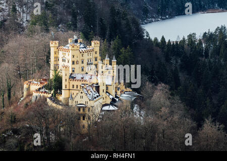 SCHWANGAU, GERMANY - DECEMBER 2018: Winter view over Hohenschwangau Castle close to Bavarian town of Fussen. Stock Photo