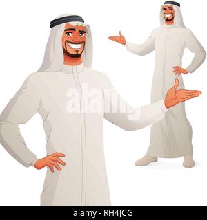 Happy young Arab business man presenting. Full length cartoon style vector illustration isolated on white background EPS10. Stock Vector