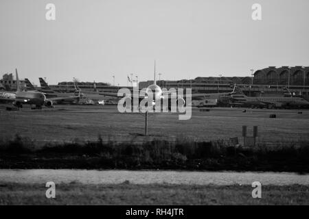 Airliner Taxiing for takeoff at Ronald Regan National Airport just outside of Washington DC, USA. Stock Photo