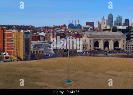 Kansas City, MO skyline seen from WWI Museum during midday. Stock Photo