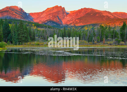 Sunrise, Dawn, Sprague Lake, Sprague Lake Trail, Rocky Mountain National Park, Estes, Colorado, USA Stock Photo